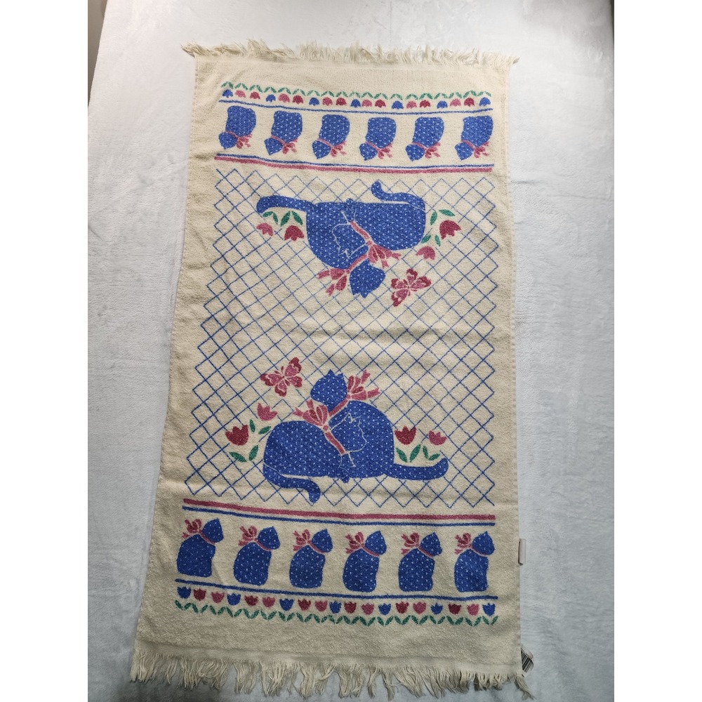 Vintage Cannon Bath Towel Blue Cat Floral Cream Fringed Cotton Blend USA